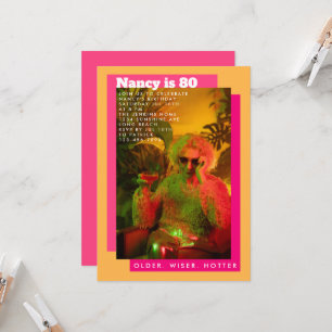 Levendige Speelse Roze & Gele Foto Senior Verjaard Kaart