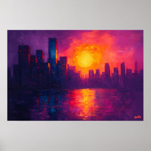 Levendige Stedelijke Zonsondergang Fauvistische Ca Poster