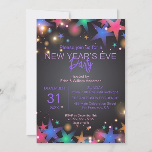Levendige sterren en lichten op Black New Year's P Kaart (Voorkant)