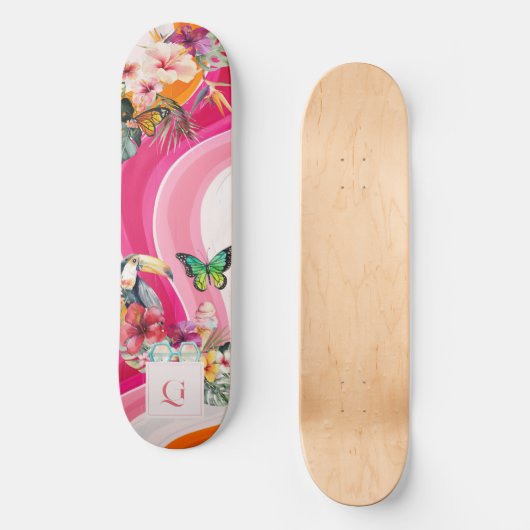levendige stroming | Funky Retro Tropical Monogram Skateboard (Voorkant)