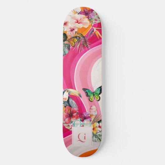 levendige stroming | Funky Retro Tropical Monogram Skateboard (Voorkant)