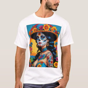 Levendige Sugar Skull Art T Shirt Retro Esthetisch