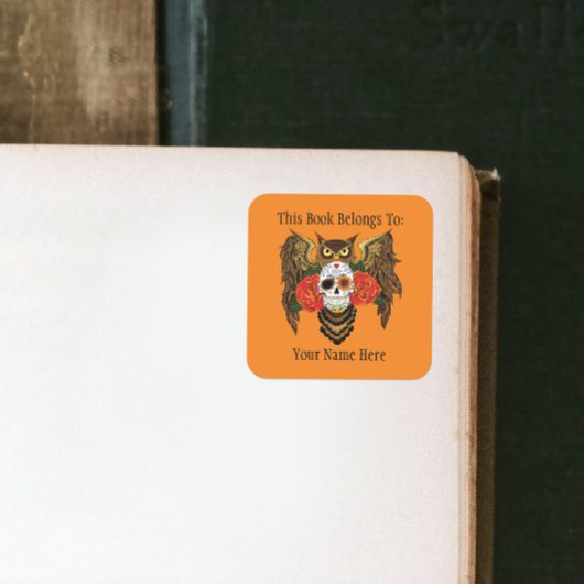 Levendige Suiker Schedel Uil Rode Rozen Boekplaat Vierkante Sticker