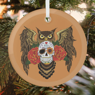 Levendige Suiker Schedel Uil Rood Rozen Glas Ornament