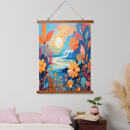Levendige Sunset Floral Landschap Natuur Art Hangend Wandkleed (Slaapkamer)