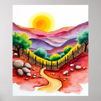 Levendige Sunset Hillside met Lone Tree Waterverf Poster