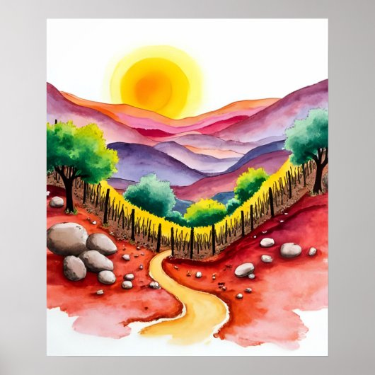Levendige Sunset Hillside met Lone Tree Waterverf Poster (Voorkant)