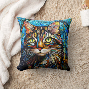 Levendige Tabby Kat Gebrandschilderde Glasstijl Kussen