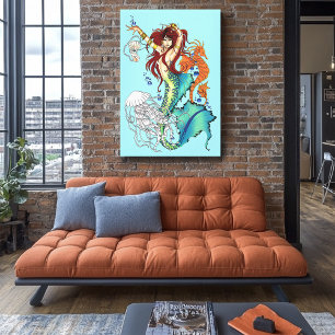 Levendige Teal Fantasie Meermin Illustratie Canvas Afdruk