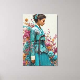 Levendige Teal Hanbok en Wilde Bloem Canvas Kunst