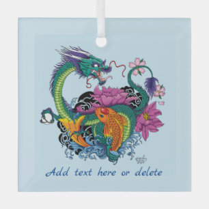 Levendige Teal Oosterse Koi Draak Lotus Bloem Glas Ornament
