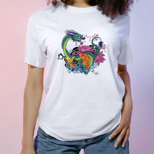 Levendige Teal Oosterse Koi Draak Lotus Bloem T-shirt