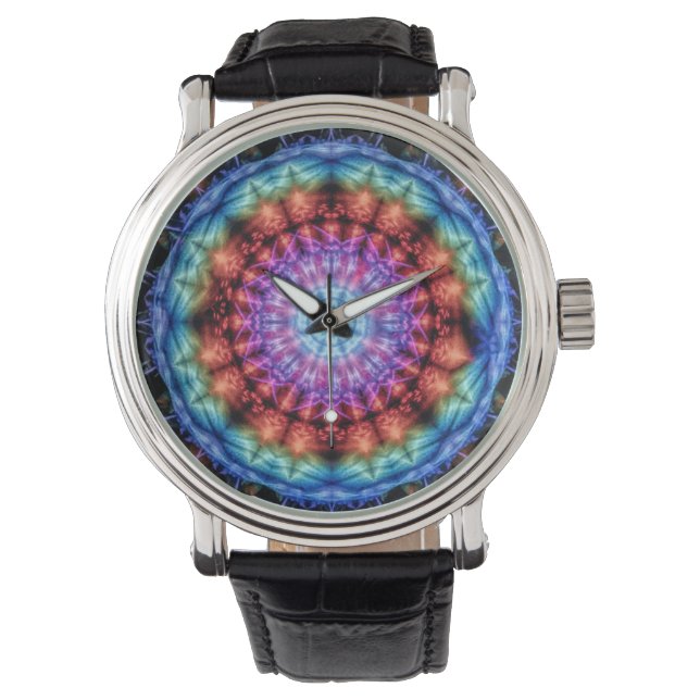 Levendige Tie Dye Kaleidoscoop Rainbow Mandala Horloge (Voorkant)