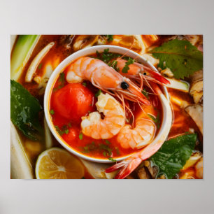 Levendige Tom Yum Goong Thaise keuken met garnalen Poster