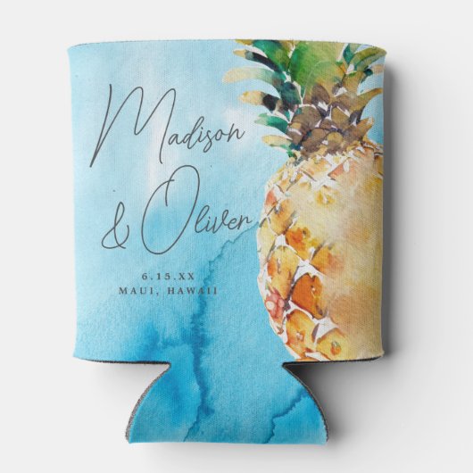 Levendige tropische ananas Waterverf bruiloft Blikjeskoeler (Achterkant)