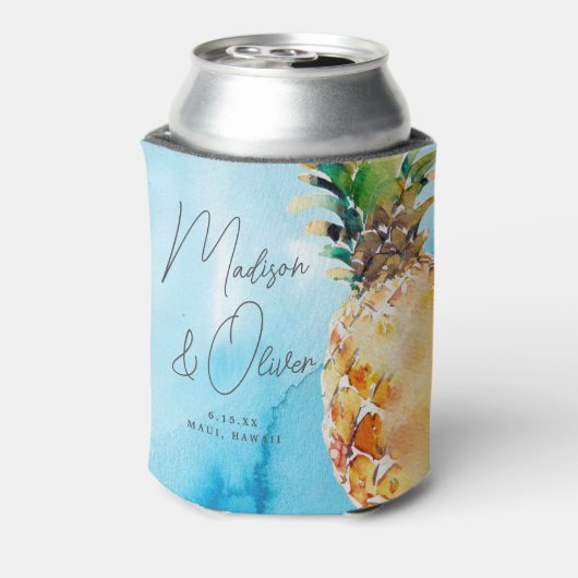 Levendige tropische ananas Waterverf bruiloft Blikjeskoeler (Blikje Achterkant)