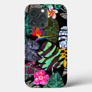 Levendige tropische bladeren en bloemen patroon iPhone 13 pro hoesje