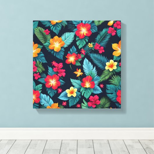 Levendige tropische bloemen en bladeren canvas afdruk (Insitu (Houten vloer))