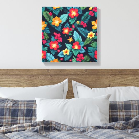 Levendige tropische bloemen en bladeren canvas afdruk (Insitu (Slaapkamer))