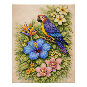 Levendige Tropische Papegaai Ara Botanische Bloem Perfect Poster