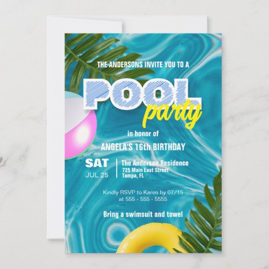 Levendige Tropische Verjaardag Zomer Zwembad Feest Kaart (Voorkant)