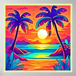 Levendige tropische zonsondergangkunst poster