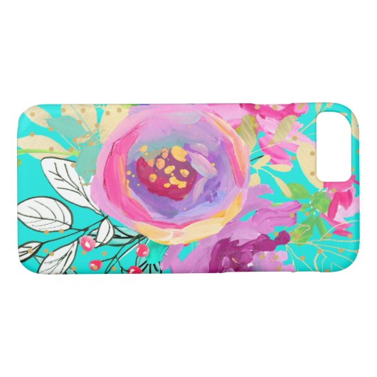 Levendige turquoise en Paarse bloemen Case-Mate iPhone Case (Achterkant (Horizontaal))