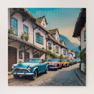Levendige vintage auto's op een kasseistraat legpuzzel