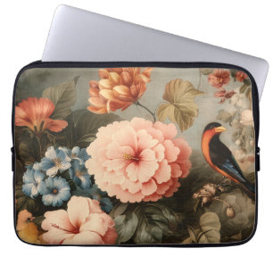 Levendige Vintage Bloem- en Vogel Scene Laptop Sleeve