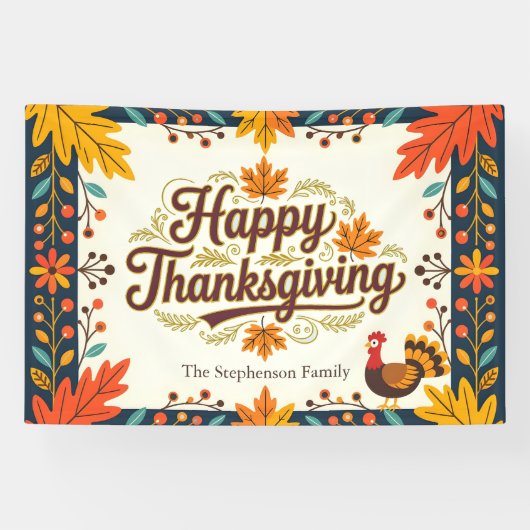 levendige volkskunst Happy Thanksgiving Spandoek (Horizontaal)