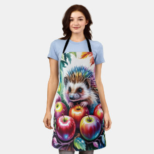 Levendige waterkleur egel met herfst appels schort