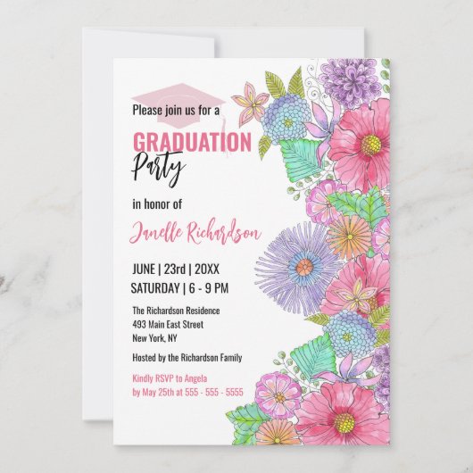 Levendige Waterverf Blooms en groen Afstuderen Kaart (Voorkant)