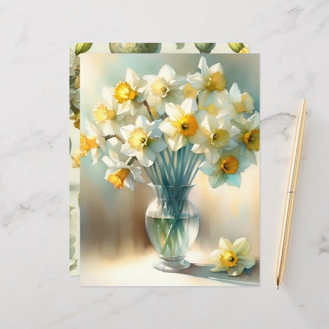 Levendige Waterverf Daffodils Scrapbook Papier (Voorkant / Achterkant in situ)