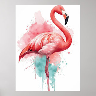 Levendige Waterverf Flamingo Roze en Turkoois Spet Poster