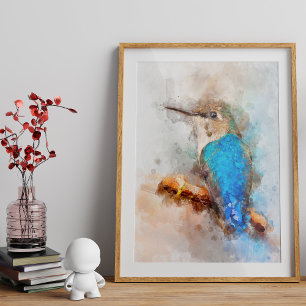 Levendige Waterverf Kolibrie Vogel op een tak Foto Afdruk