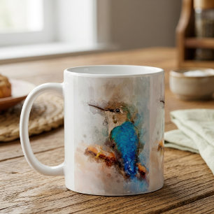 Levendige waterverf kolibrie vogel op een tak koffiemok