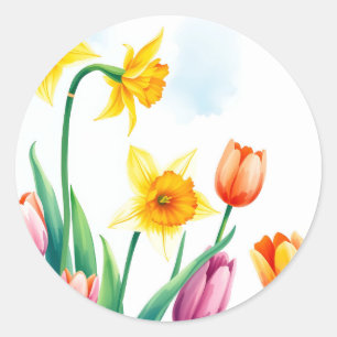 Levendige Waterverf narcissen en tulpen Ronde Sticker