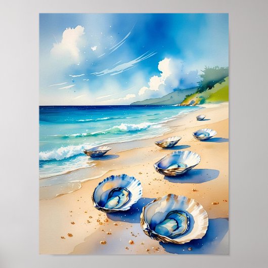 Levendige Waterverf Oyster Seashell Beach Poster (Voorkant)