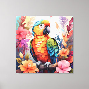 Levendige Waterverf papegaai met tropische bloemen Canvas Afdruk