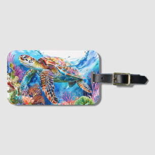 Levendige Waterverf Zee schildpad Bagagelabel