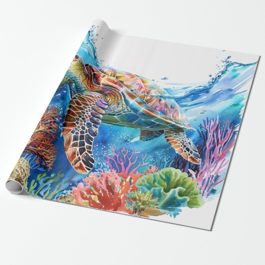 Levendige Waterverf Zee Schildpad Decoupage Cadeaupapier (Uitgerold)