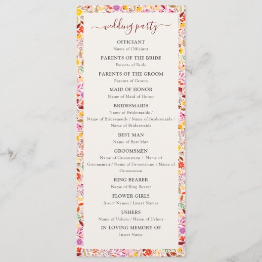 Levendige Waterverven Zomertulp Bloemen Bruiloft Programma (Achterkant)