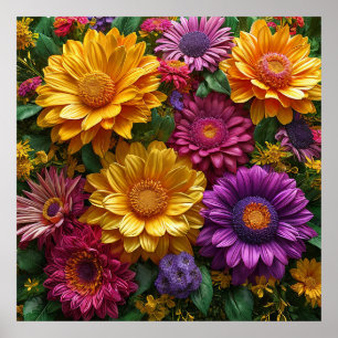 Levendige weergave van gele en paarse bloemen poster