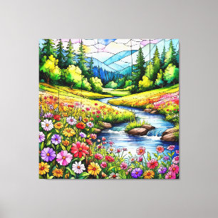Levendige weide met bloeiende wilde bloemen canvas afdruk