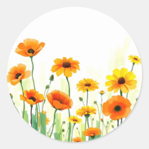 Levendige weide Waterverf met Poppies Zonnebloemen Ronde Sticker