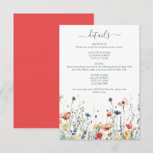 Levendige Wildflower bruiloft details Informatiekaartje (Voorkant / Achterkant)