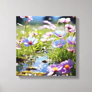 Levendige Wildflower Meadow met Stroom Canvas Afdruk