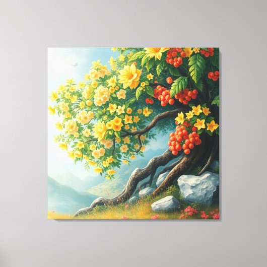 Levendige Wildflower Tree met Mountain Backdrop Canvas Afdruk (Voorkant)