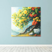 Levendige Wildflower Tree met Mountain Backdrop Canvas Afdruk (Insitu (Houten vloer))