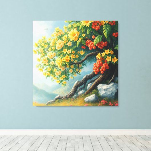 Levendige Wildflower Tree met Mountain Backdrop Canvas Afdruk (Insitu (Houten vloer))